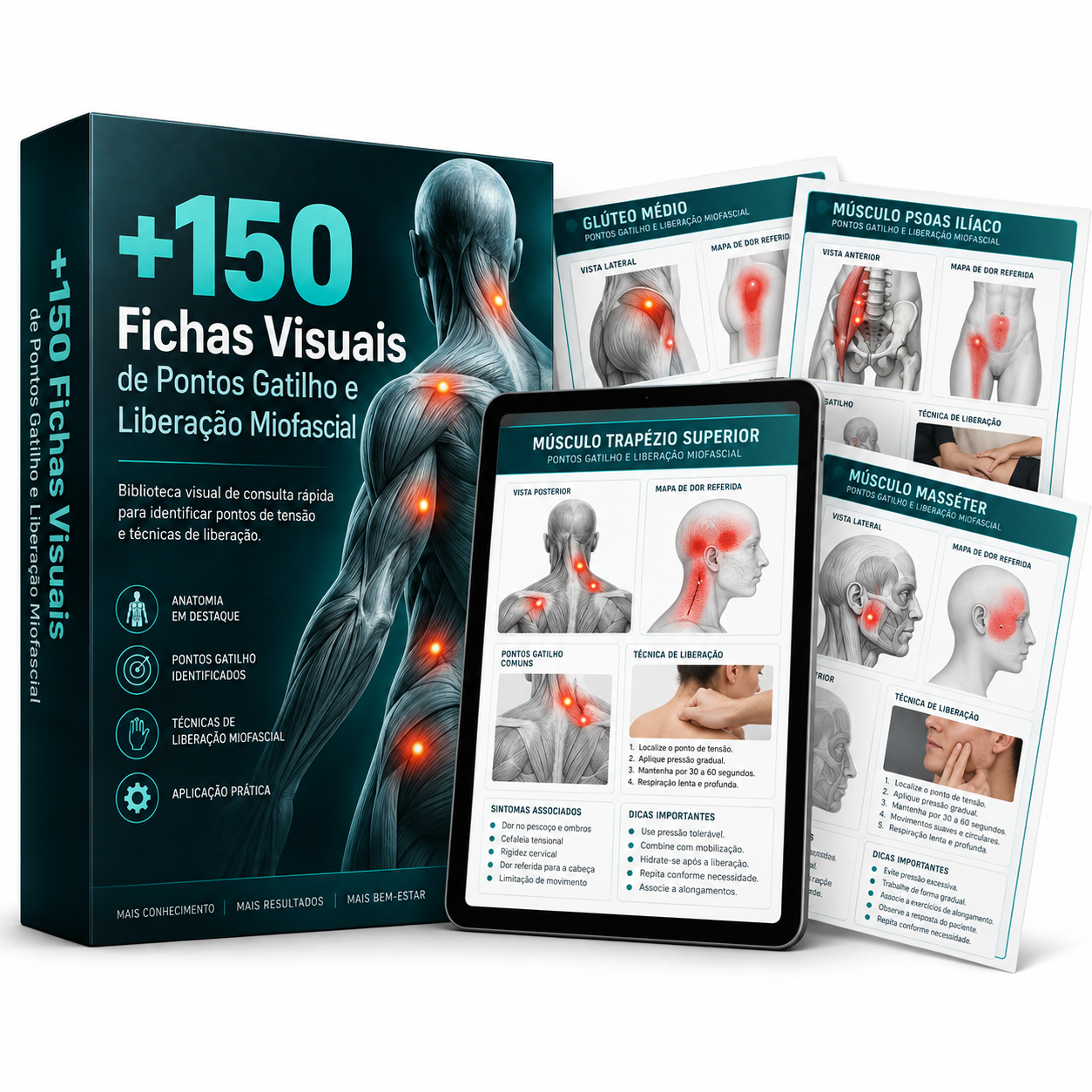 Mockup do material com +150 Fichas Visuais de Pontos Gatilho e Liberação Miofascial
